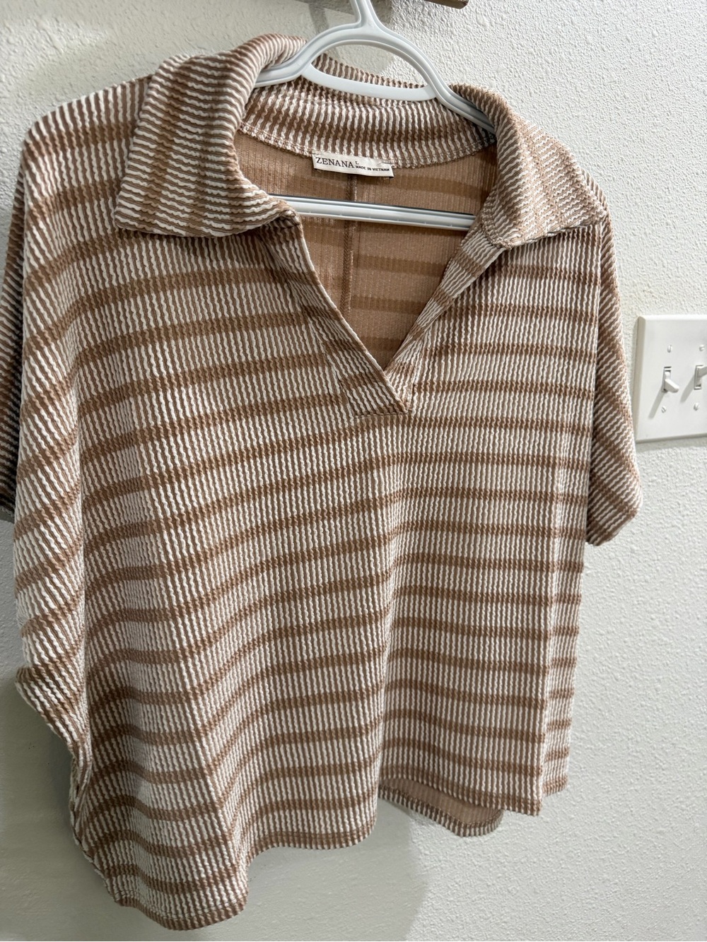 Zenana Outfitters Beige and White Striped Polo Knit Top - New